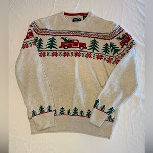 Chaps Cream Crewneck Sweater with Red Truck & Green Trees